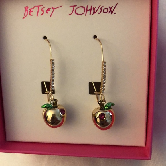 Betsey Johnson Gold Tone Apple Drop Earrings Crystal Accents NIB - Picture 3 of 11